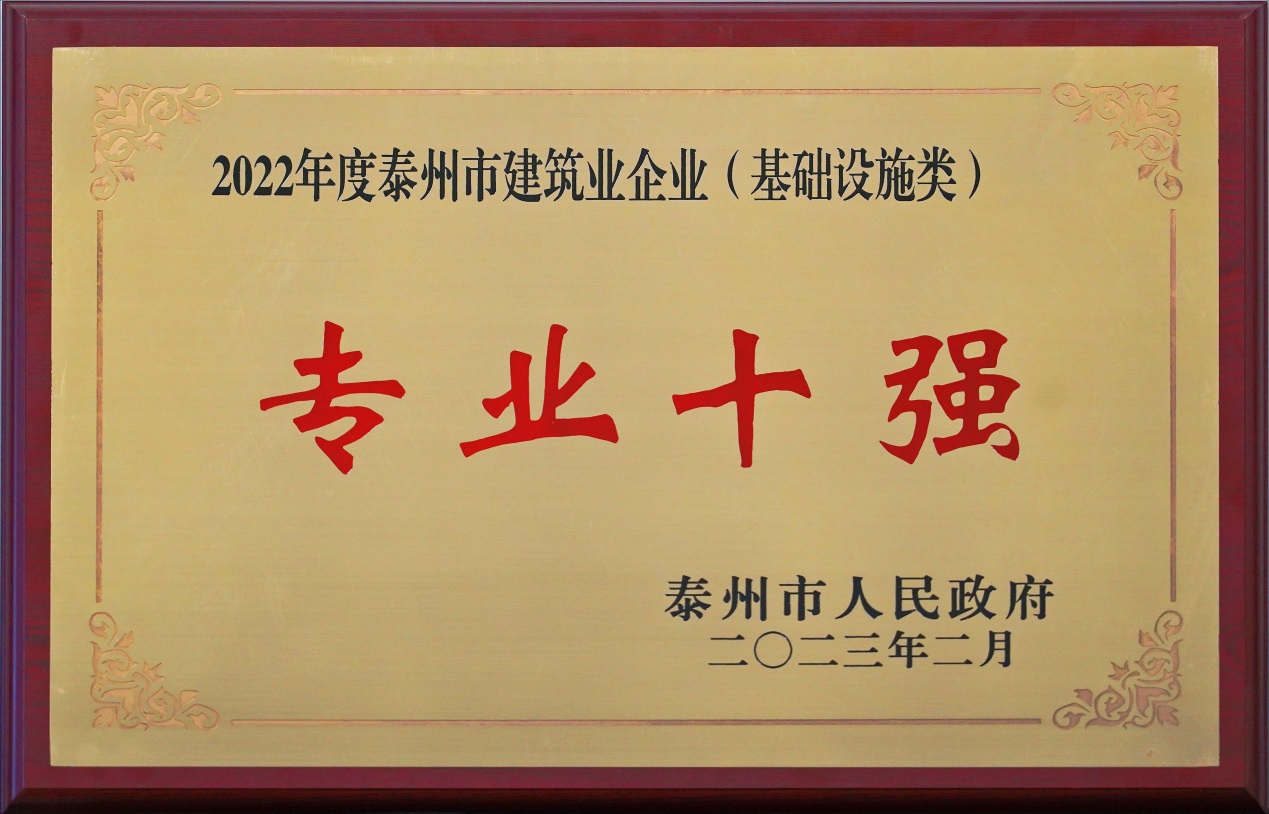 奋楫笃行启新程 臻于至善谱华章---江苏齐达路桥工程有限公司荣获“2022年度泰州市建筑业企业专业十强”